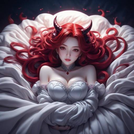 Demon Queen on Plush Bed under Moonlight