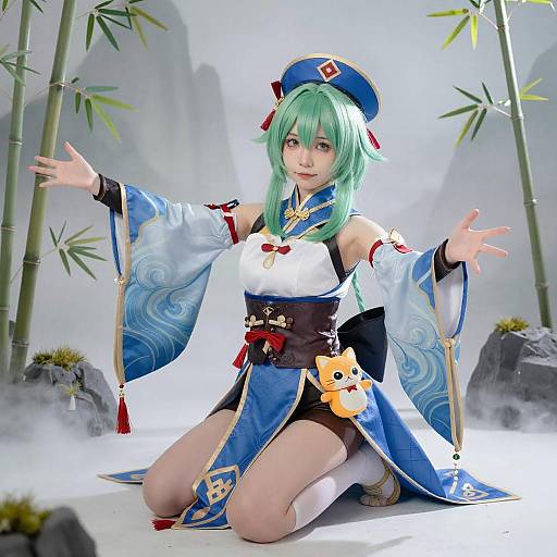 Green-Haired Anime Girl in Misty Bamboo