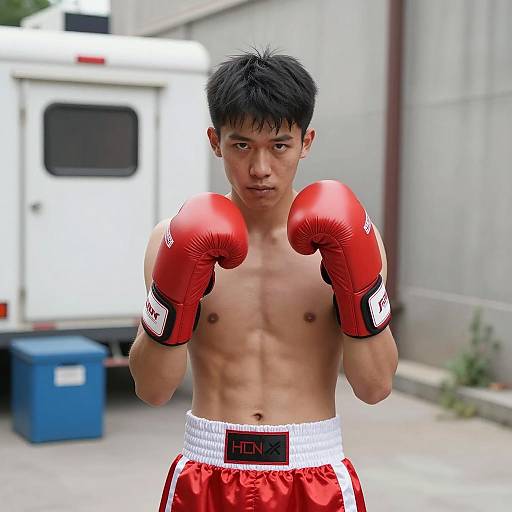 Shirtless Boxer in Red Gloves and Shorts