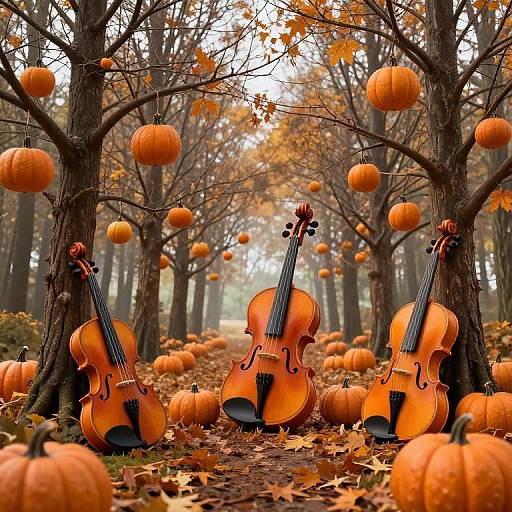 Photograph of three cellos standing in an autumn forest, surrounded by floating orange pumpkins and fallen leaves on the ground.