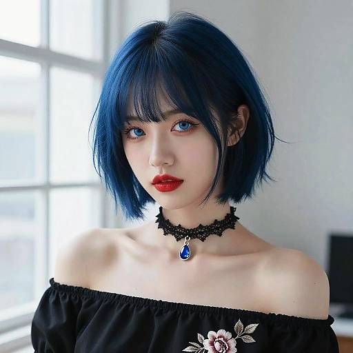 Photograph of an Asian woman with short blue hair, blue eyes, red lipstick, black off-shoulder dress, black lace choker with blue