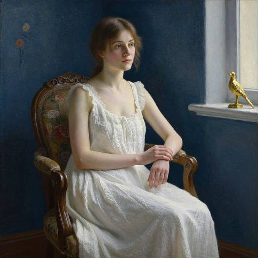 Photorealistic painting of a fair-skinned, brown-haired woman in a white, sleeveless dress, sitting in a floral armchair by a window