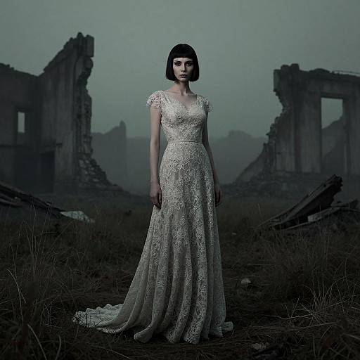 Photograph of a pale-skinned woman with a black bob haircut, wearing an intricate, silver lace gown, standing in a dilapidated, ruins