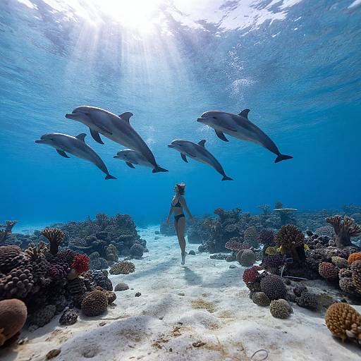 Photograph of a woman in a blue bikini, swimming underwater, surrounded by dolphins, with vibrant coral reefs and sunlight filtering from above.