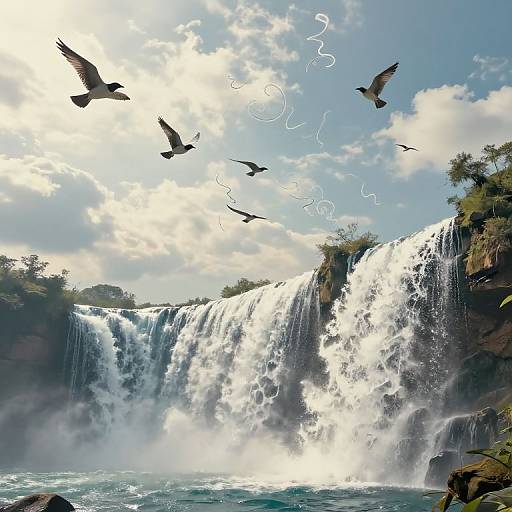 Photograph of a vibrant waterfall with cascading white water, surrounded by lush greenery, under a bright blue sky with scattered clouds. Five birds fly