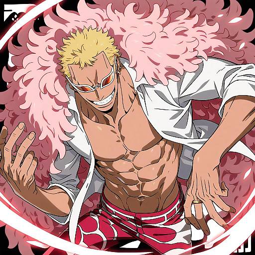 Illustration of Donquixote doflamingo, one piece in the style of Kamezaemon