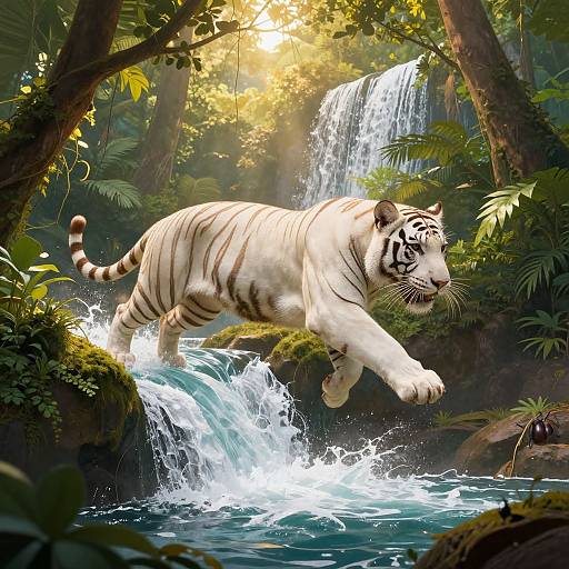 White Tiger Leaping Over Waterfall