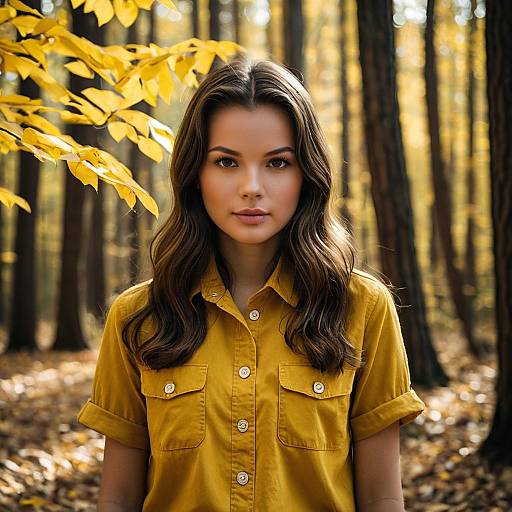 Young Woman in Mustard Shirt in Autumn Forest