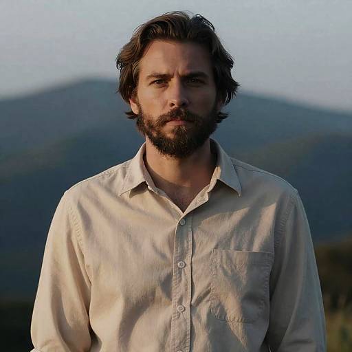 Man in Twilight with Mountains Background