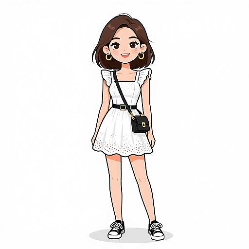 Digital illustration of a cute, smiling young woman with brown hair, wearing a white dress, black belt, black crossbody bag, and black sneakers,