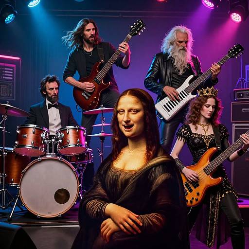 Photograph of a rock band with a Mona Lisa impersonator, featuring four musicians with varied hairstyles, playing electric guitars and drums under vibrant stage lights.