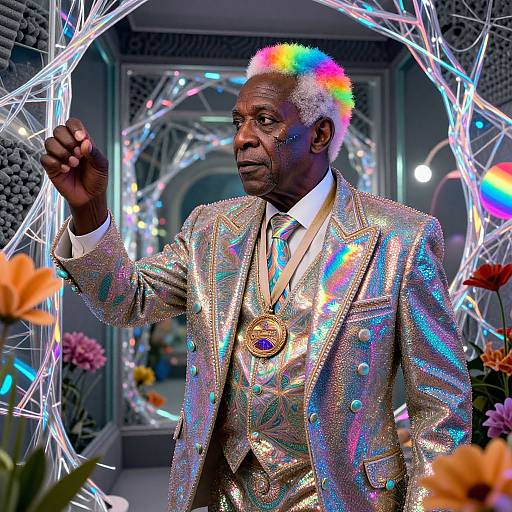 Photograph of an elderly Black man with rainbow-colored hair, wearing a glittery, multicolored suit and large medallion, standing before a