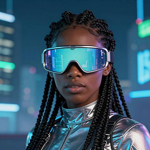 Photograph of a dark-skinned woman with braided hair wearing a shiny silver jacket and futuristic blue-tinted VR goggles in a neon-lit