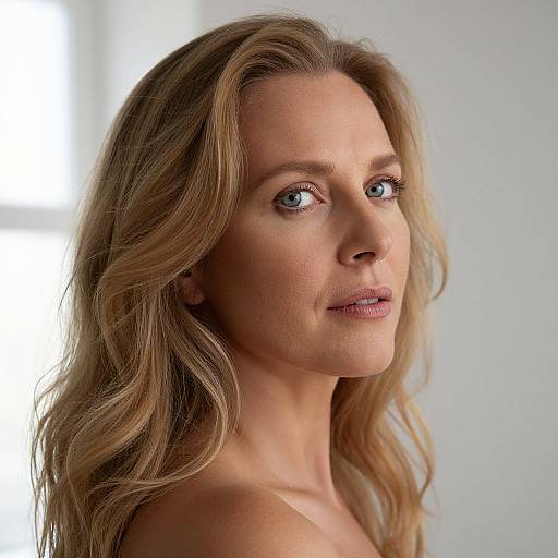 Photograph of a beautiful, light-skinned woman with wavy blonde hair, blue eyes, and subtle makeup, looking slightly over her shoulder against a