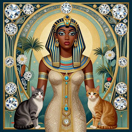 Digital artwork of an Egyptian goddess with dark skin, blue eyes, striped headdress, gold jewelry, and a beige dress, flanked by a gray