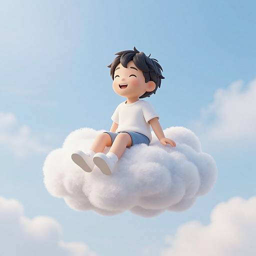 Cartoon boy with black hair, white shirt, blue shorts, and white socks, smiling joyfully, sitting on a fluffy white cloud against a bright