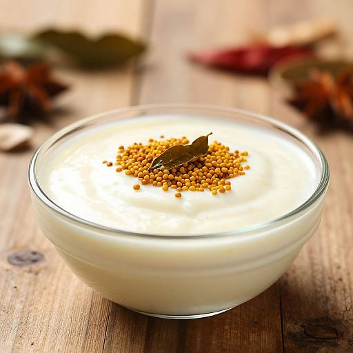 Photograph of a glass bowl filled with white yogurt, topped with orange granola and a single dark leaf, on a wooden table with blurred autumn leaves
