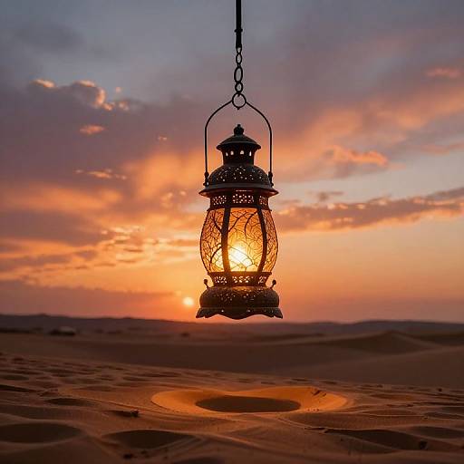 Photograph of a silhouetted ornate lantern hanging by a chain, casting a warm glow against a vibrant orange and purple sunset over a sandy