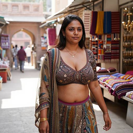 Photograph of a confident Indian woman in a colorful, patterned traditional outfit, standing in a bustling, sunlit marketplace.