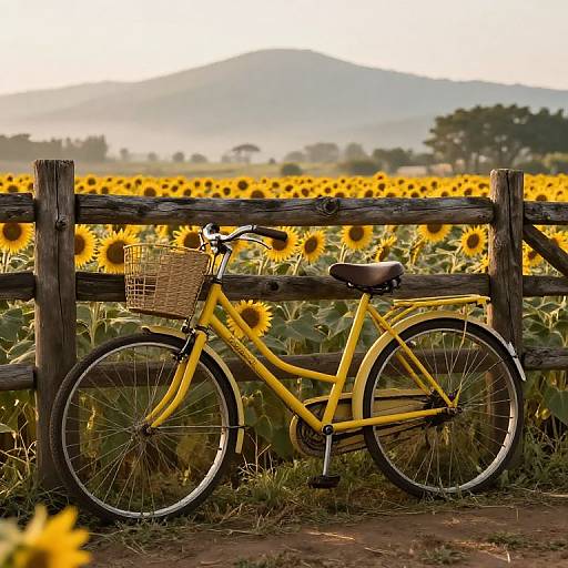 Yellow bicycle with wicker basket, leaning against sunflower field fence, surrounded by vibrant sunflowers, mountains in the background, photograph.