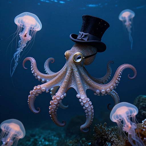 Photograph of a whimsical octopus wearing a black top hat, surrounded by glowing jellyfish in a deep blue underwater scene.