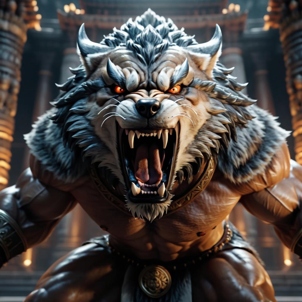 Muscular Anthropomorphic Wolf in Temple