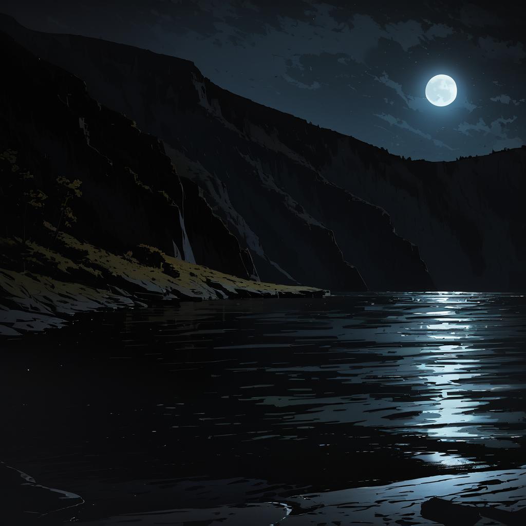 Eerie Moonlit Lakeshore with Cliffs