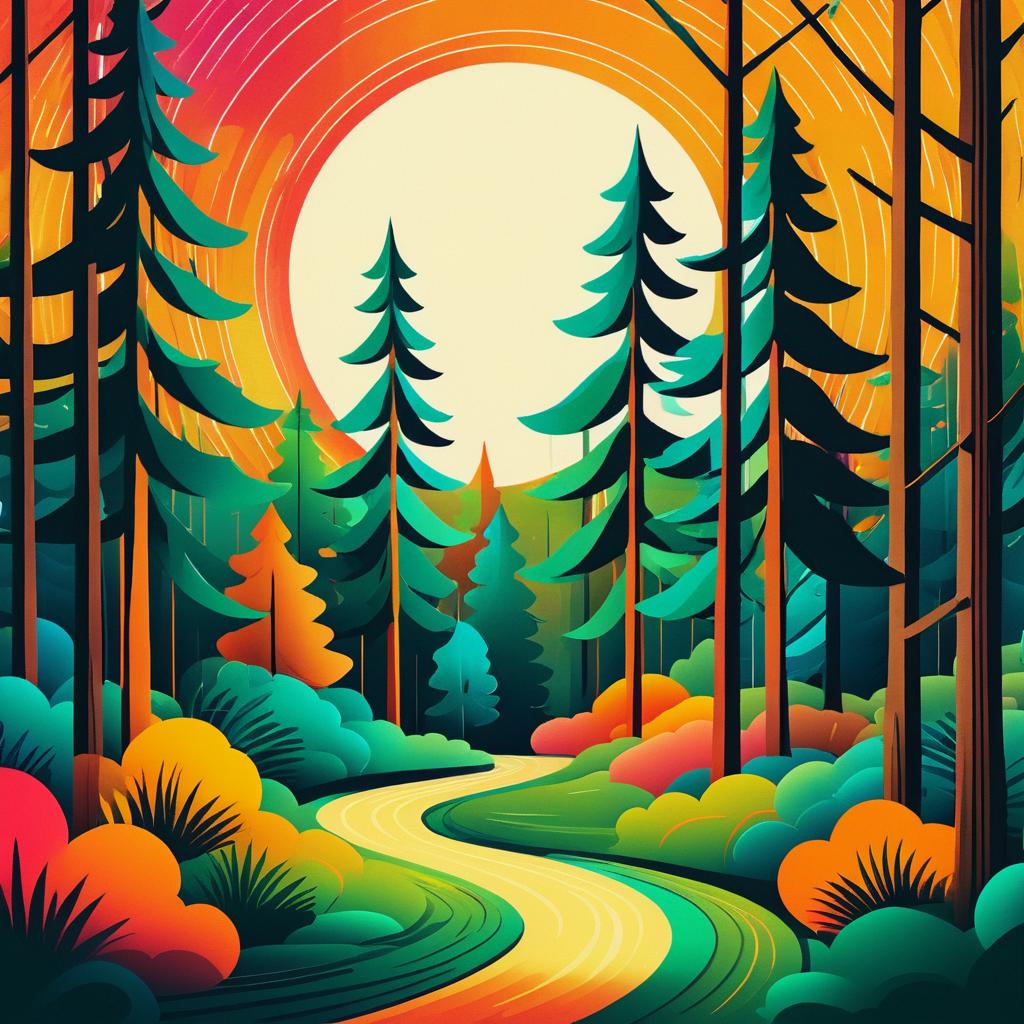 Vibrant Hand-Drawn Retro Forest Art