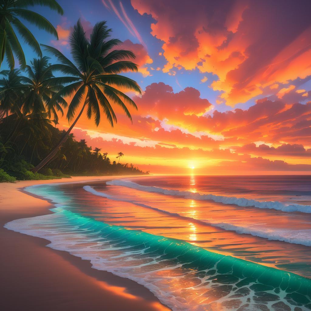 Serene Coastal Sunset with Palm Trees