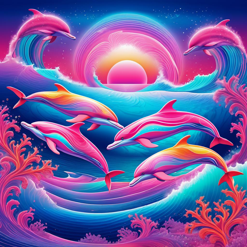 Surreal Dolphins in Vibrant Ocean Landscape