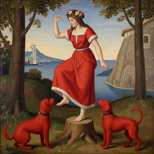 Renaissance-style painting of a fair-skinned woman in a red dress and flower crown, standing on a tree stump, with two red dogs g