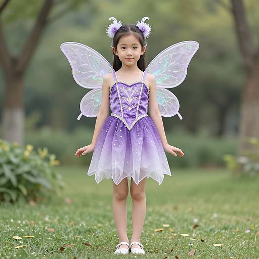 Photograph of an Asian girl with black hair, wearing a purple fairy dress, white wings, and white shoes, standing in a grassy park.