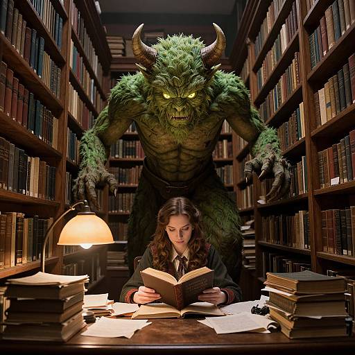 Photorealistic digital art of a demon with glowing eyes and horns looming over a focused woman reading in a dimly lit library.