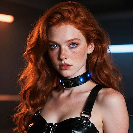 Photorealistic CGI of a freckled, red-haired woman with blue eyes, wearing a black leather harness and collar, illuminated by warm and cool