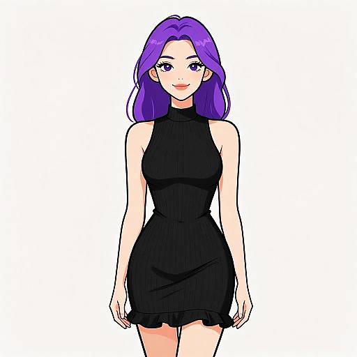 Digital anime-style drawing of a cute, purple-haired woman with fair skin, wearing a sleeveless, black, high-neck dress, standing against a white