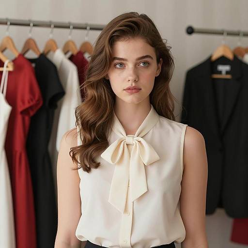 Young Woman in Cream Bow Blouse