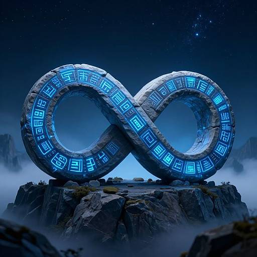 Digital CGI image of a glowing, blue infinity symbol structure with geometric patterns, set on a rocky, foggy mountain peak at night.