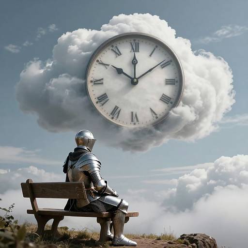 Photograph of a silver knight in armor sitting on a wooden bench, gazing at a giant clock face in a cloudy sky.