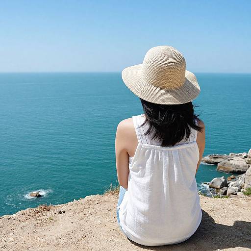 Photograph of a woman with black hair, wearing a white sundress and wide-brimmed straw hat, sitting on a cliff, facing a clear