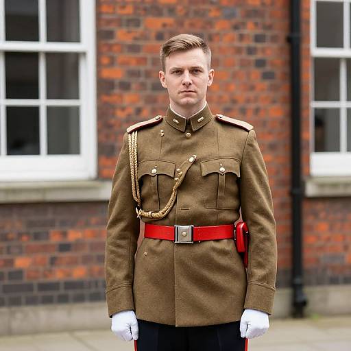 Photograph of a young, white male soldier in a brown military uniform with red belt, white gloves, and gold chain, standing in front of a