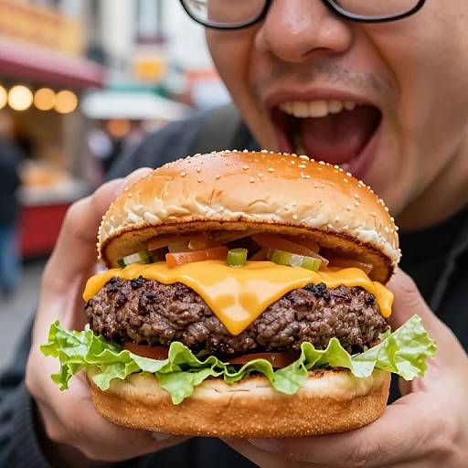 Photograph of a man with glasses, mouth open in excitement, holding a large cheeseburger with lettuce, tomato, cheese, and onion. Blurred