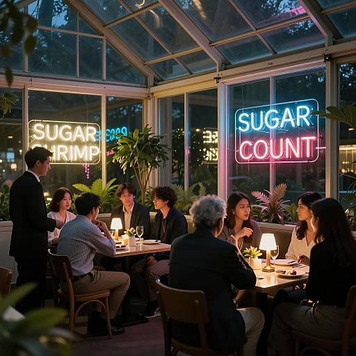 Nighttime dining in greenhouse restaurant