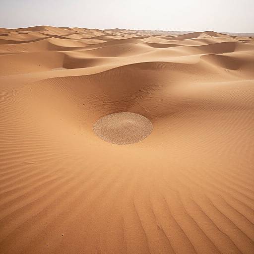 Photograph of a sunlit desert with rippled sand dunes, centered on a glowing, circular patch of compacted sand.