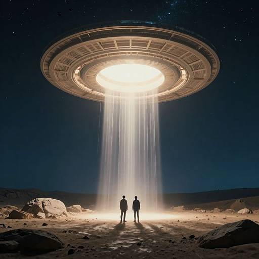 Photograph-style CGI: Two silhouetted figures stand beneath a glowing, ringed UFO emitting bright beams of light in a starry night sky