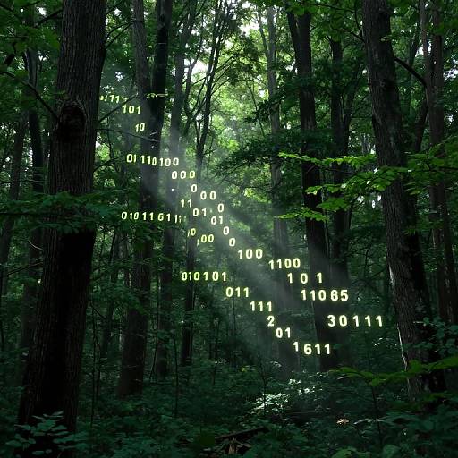 Photograph of a dense forest with sunlight filtering through, illuminated by glowing green binary numbers (0s and 1s) scattered among the trees.