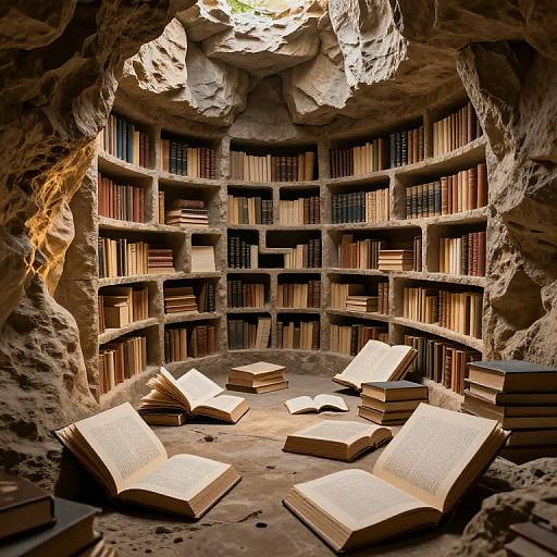 Photograph of a cave library with curved, rocky walls, filled with shelves of books. Five open, illuminated books are arranged on the rocky floor,