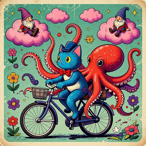 Colorful cartoon: Blue cat wearing hat and bowtie rides bike with red octopus, two puffy cloud wizards above, surrounded by flowers and stars