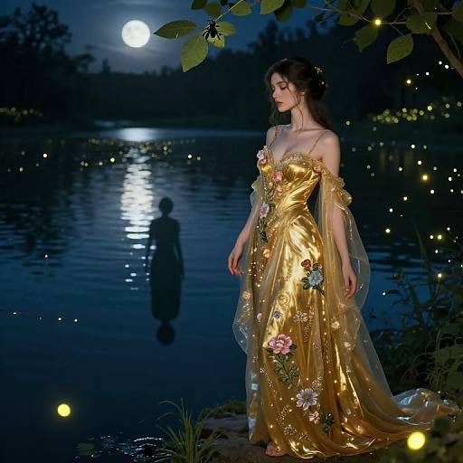 Photograph of a fair-skinned woman in a golden, flower-embellished evening gown, standing by a moonlit lake with floating fireflies