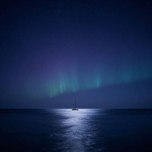 Photograph of a serene night seascape with a single sailboat centered under a starry sky and vibrant blue-green Northern Lights.