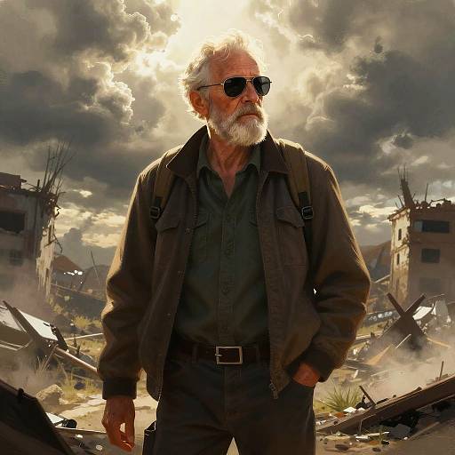Digital artwork of an older man with a white beard, wearing sunglasses, dark jacket, and green shirt, standing in a sunlit, ruined, war